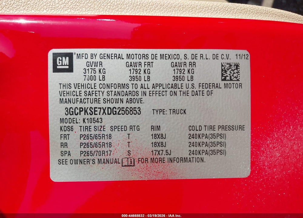 2013 CHEVROLET SILVERADO 1500 LT VIN: 3GCPKSE7XDG256853