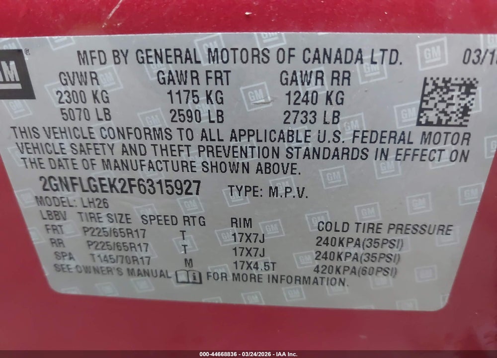 2015 CHEVROLET EQUINOX 2LT VIN: 2GNFLGEK2F6315927