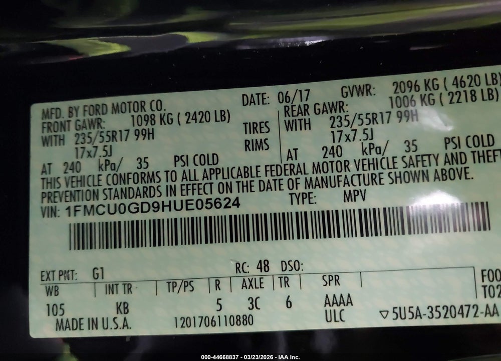 2017 FORD ESCAPE SE VIN: 1FMCU0GD9HUE05624