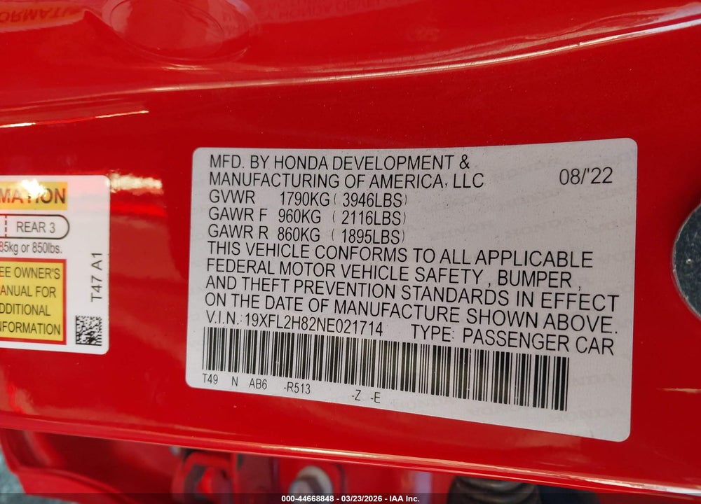 2022 HONDA CIVIC SPORT VIN: 19XFL2H82NE021714