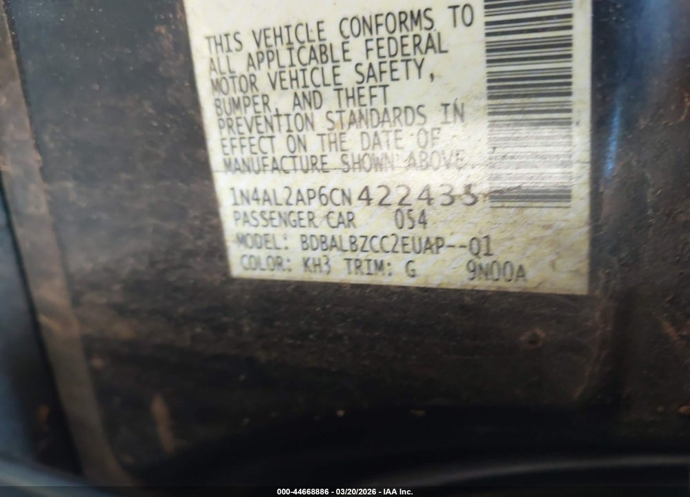2012 NISSAN ALTIMA 2.5 S VIN: 1N4AL2AP6CN422435