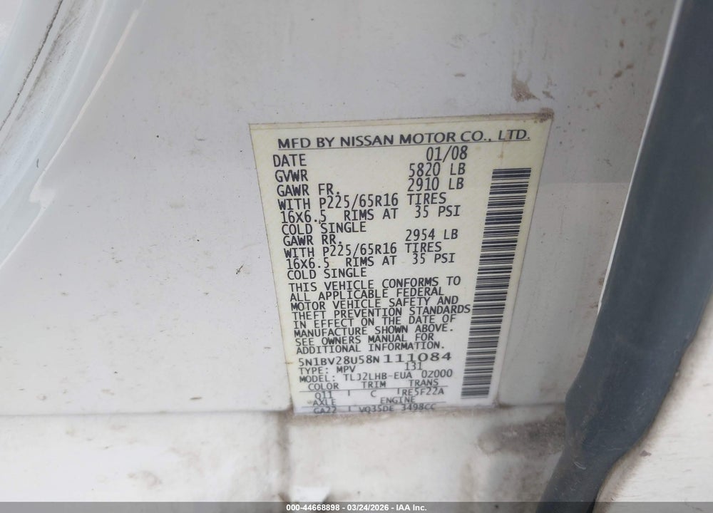 2008 NISSAN QUEST 3.5 S VIN: 5N1BV28U58N111084