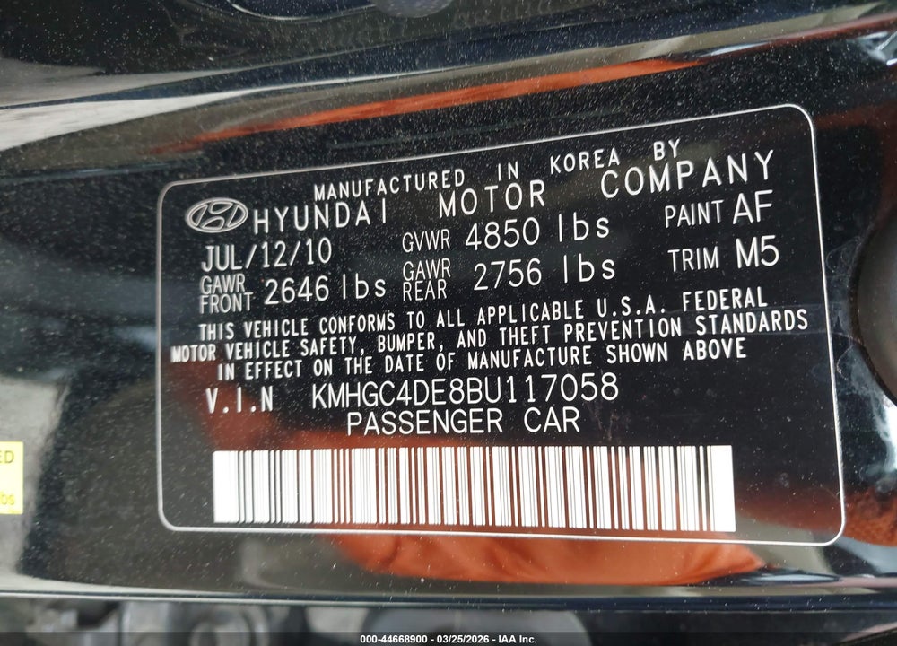 2011 HYUNDAI GENESIS 3.8 VIN: KMHGC4DE8BU117058