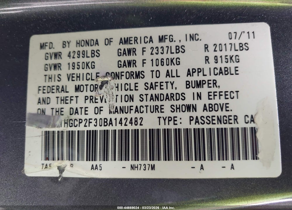 2011 HONDA ACCORD 2.4 LX VIN: 1HGCP2F30BA142482