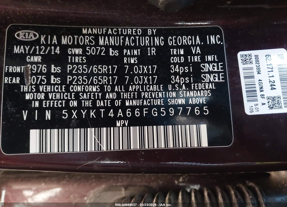 2015 KIA SORENTO LX VIN: 5XYKT4A66FG597765