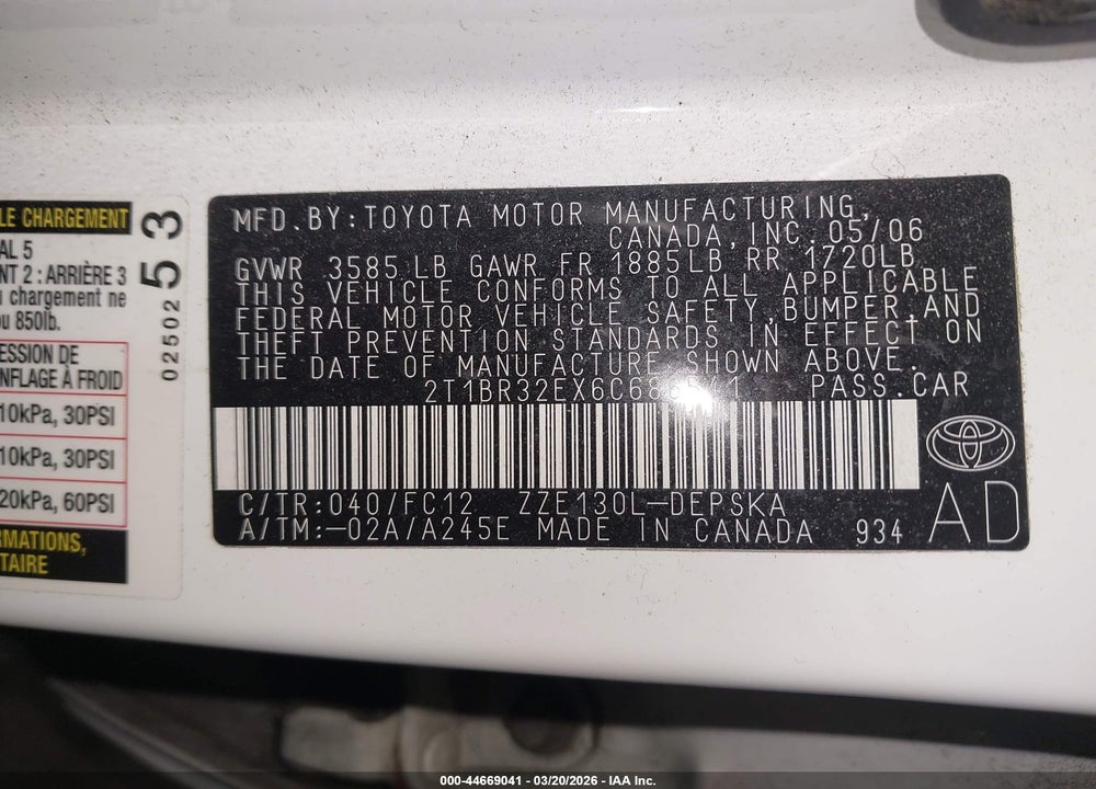 2006 TOYOTA COROLLA S VIN: 2T1BR32EX6C686541