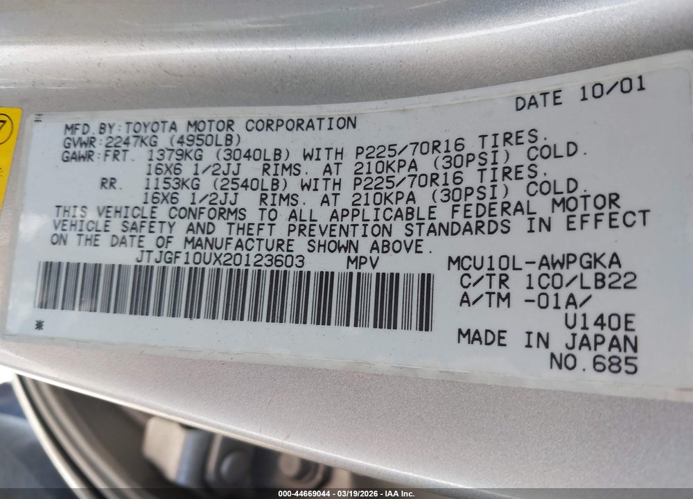 2002 LEXUS RX 300 VIN: JTJGF10UX20123603