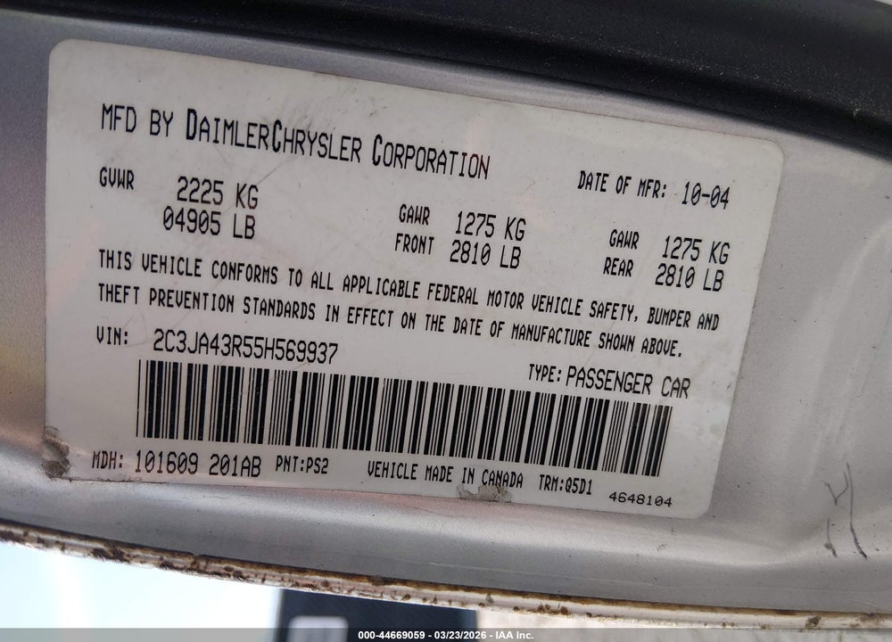 2005 CHRYSLER 300 VIN: 2C3JA43R55H569937