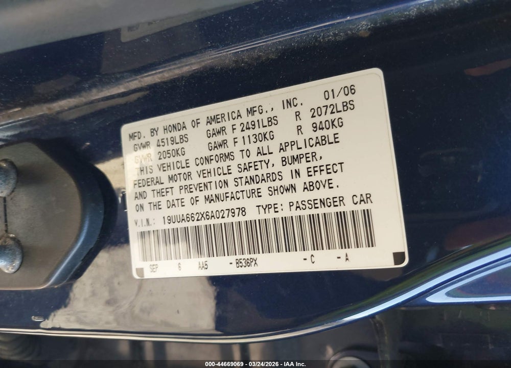 2006 ACURA TL VIN: 19UUA662X6A027978