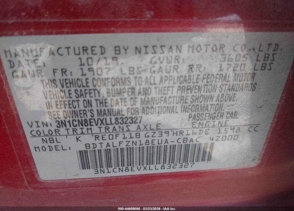 2020 NISSAN VERSA SV XTRONIC CVT VIN: 3N1CN8EVXLL832327