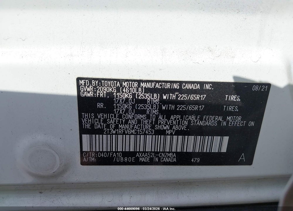 2021 TOYOTA RAV4 XLE VIN: 2T3W1RFV6MC157453