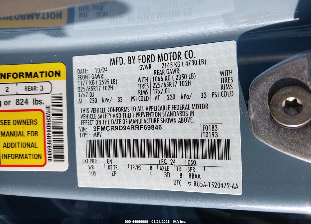 2024 FORD BRONCO SPORT BADLANDS VIN: 3FMCR9D94RRF69846