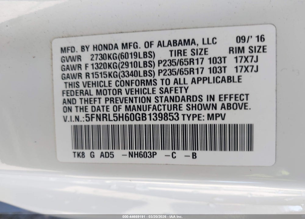2016 HONDA ODYSSEY EX-L VIN: 5FNRL5H60GB139853
