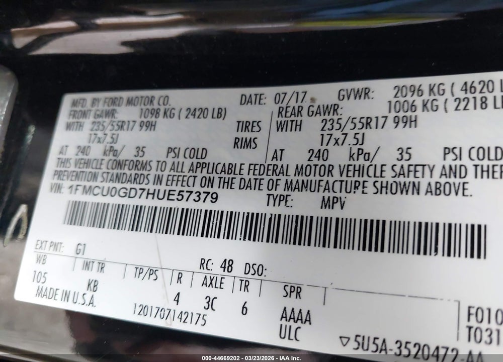 2017 FORD ESCAPE SE VIN: 1FMCU0GD7HUE57379