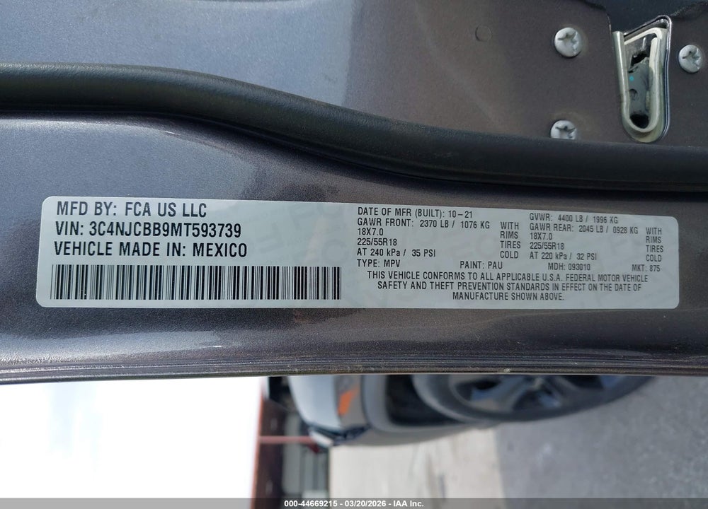 2021 JEEP COMPASS ALTITUDE FWD VIN: 3C4NJCBB9MT593739
