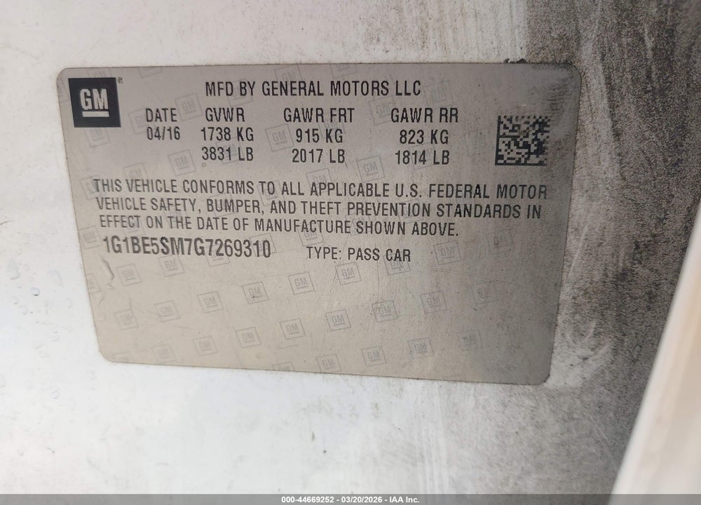 2016 CHEVROLET CRUZE LT AUTO VIN: 1G1BE5SM7G7269310