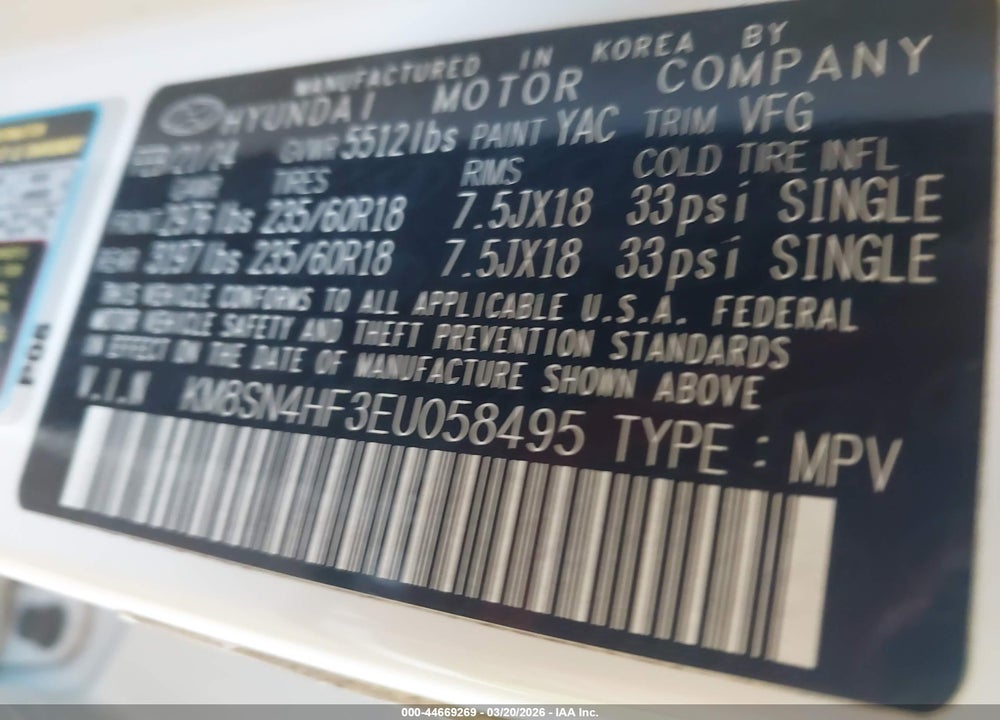 2014 HYUNDAI SANTA FE LIMITED VIN: KM8SN4HF3EU058495