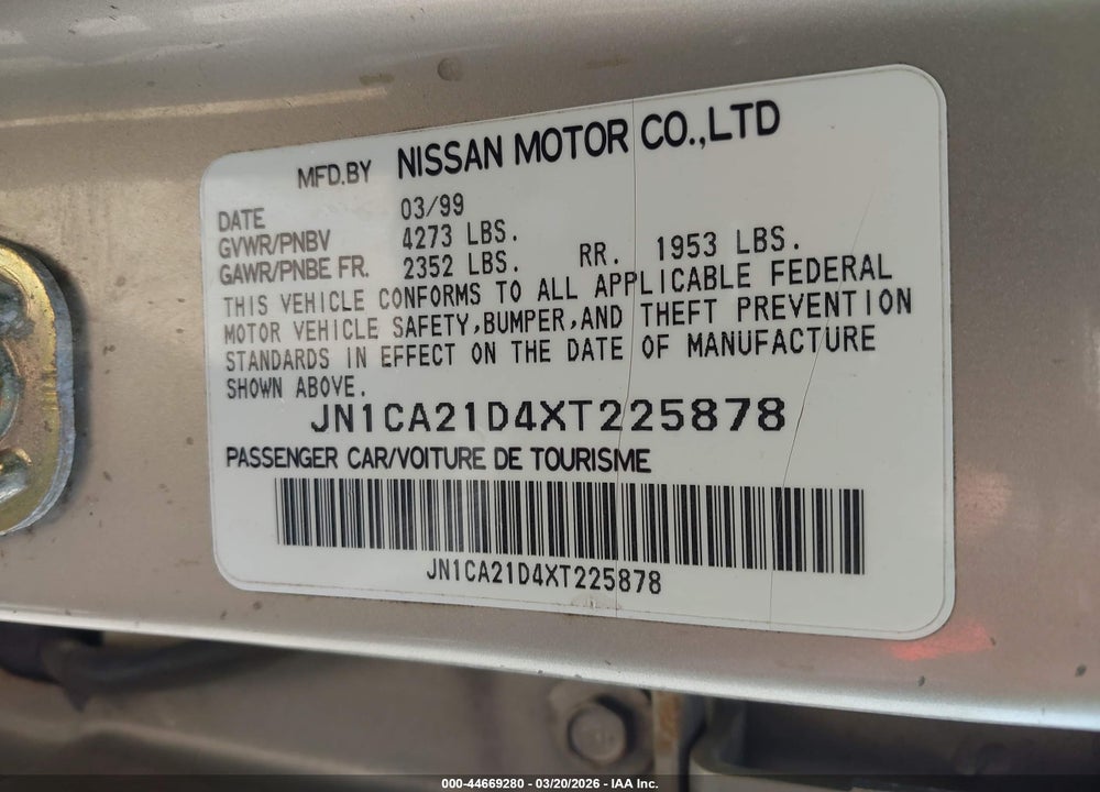 1999 NISSAN MAXIMA GLE/GXE/SE/SE-L VIN: JN1CA21D4XT225878