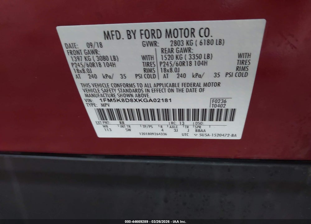 2019 FORD EXPLORER XLT VIN: 1FM5K8D8XKGA02181