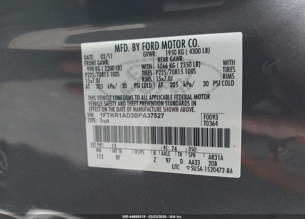 2011 FORD RANGER XL VIN: 1FTKR1AD3BPA37527