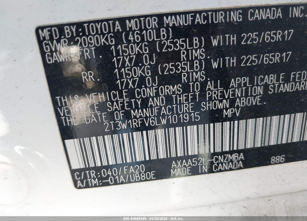 2020 TOYOTA RAV4 XLE VIN: 2T3W1RFV6LW101915
