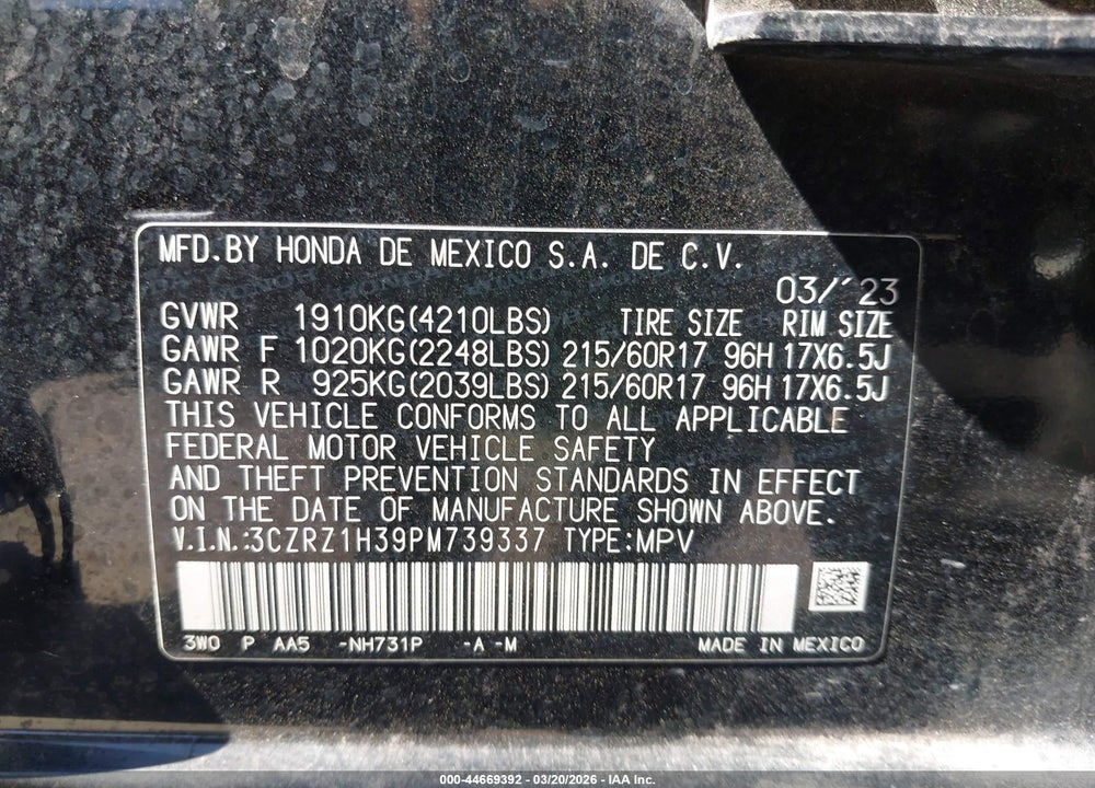 2023 HONDA HR-V 2WD LX VIN: 3CZRZ1H39PM739337