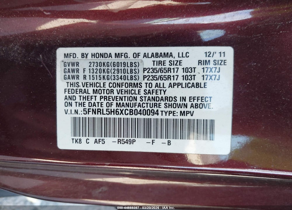 2012 HONDA ODYSSEY EX-L VIN: 5FNRL5H6XCB040094