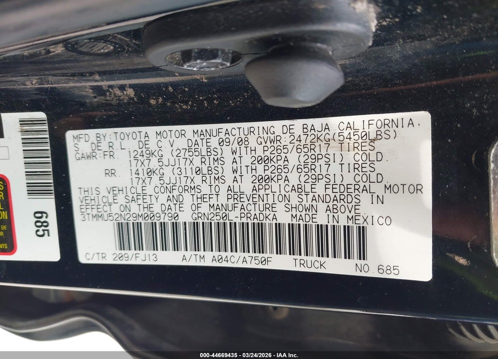 2009 TOYOTA TACOMA BASE V6 VIN: 3TMMU52N29M009790
