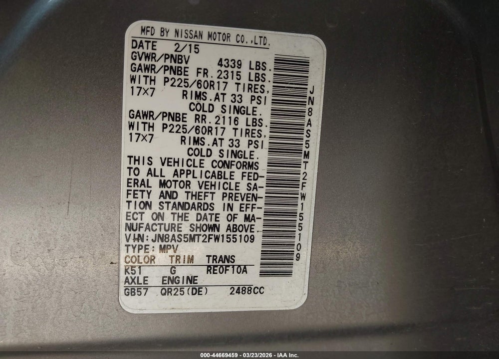 2015 NISSAN ROGUE SELECT S VIN: JN8AS5MT2FW155109
