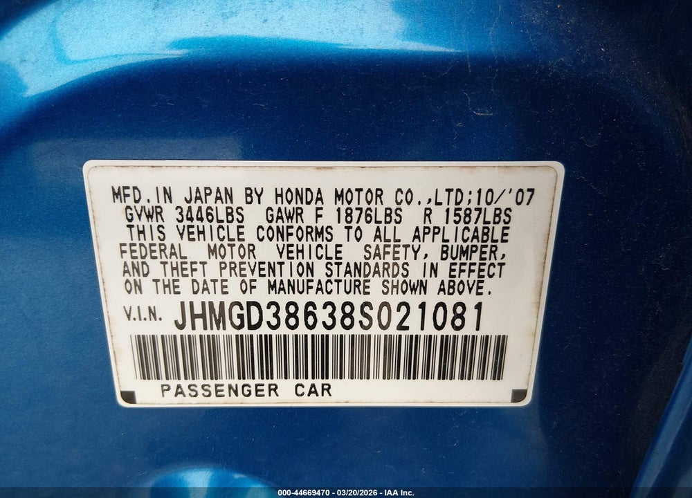 2008 HONDA FIT SPORT VIN: JHMGD38638S021081