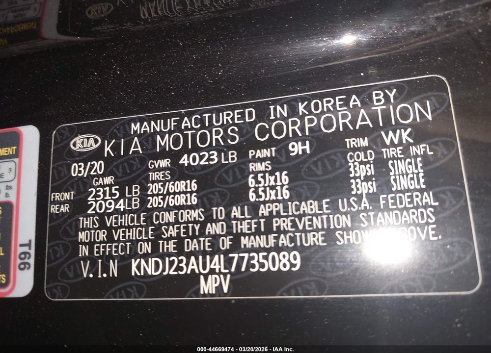 2020 KIA SOUL LX VIN: KNDJ23AU4L7735089