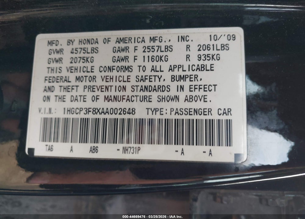 2010 HONDA ACCORD 3.5 EX-L VIN: 1HGCP3F8XAA002648