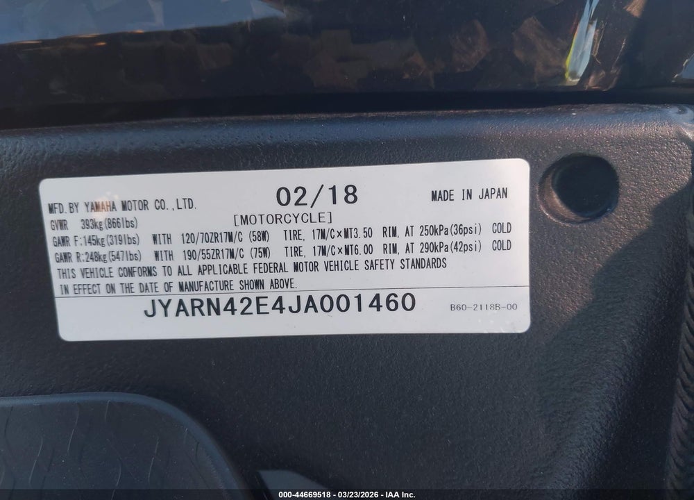 2018 YAMAHA YZFR1S VIN: JYARN42E4JA001460