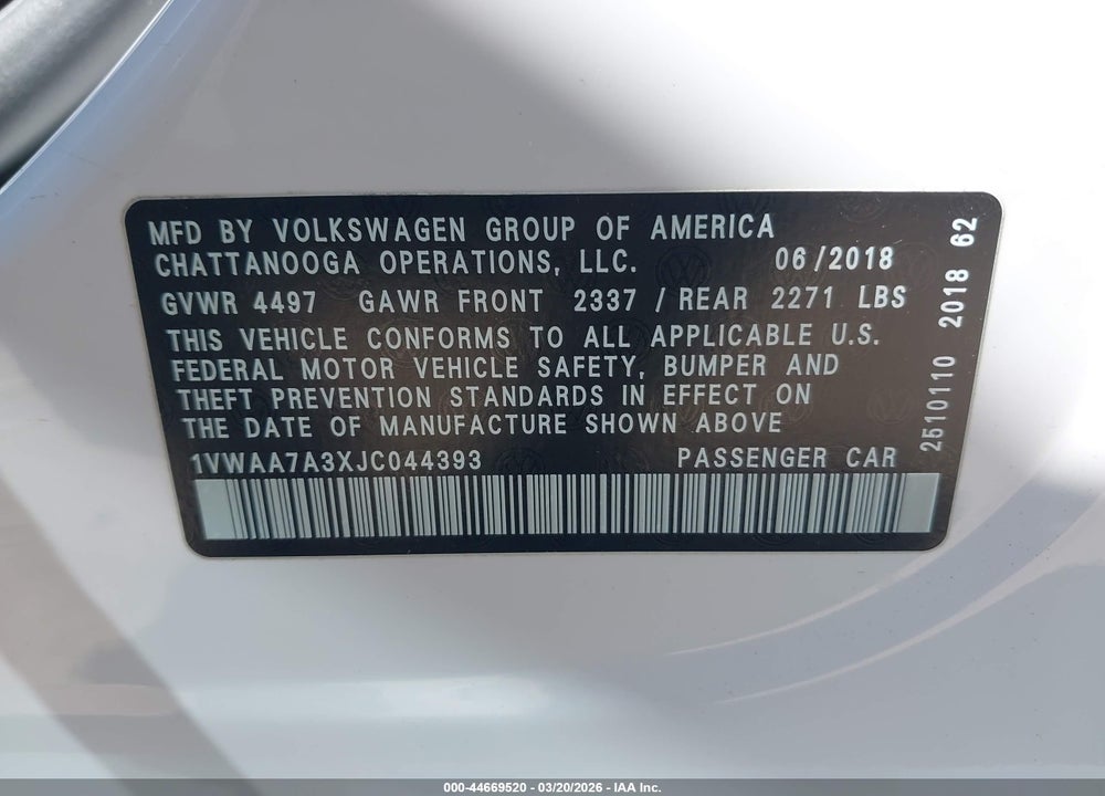 2018 VOLKSWAGEN PASSAT 2.0T R-LINE/2.0T S VIN: 1VWAA7A3XJC044393