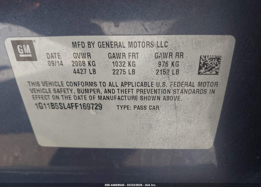 2015 CHEVROLET MALIBU LS VIN: 1G11B5SL4FF169729