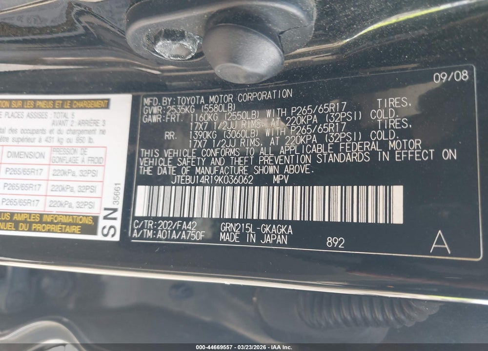 2009 TOYOTA 4RUNNER SR5 V6 VIN: JTEBU14R19K036062