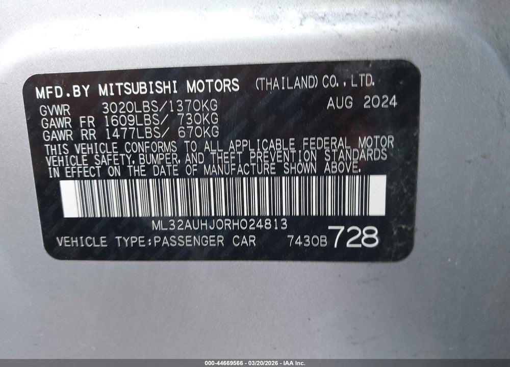 2024 MITSUBISHI MIRAGE ES/LE VIN: ML32AUHJ0RH024813