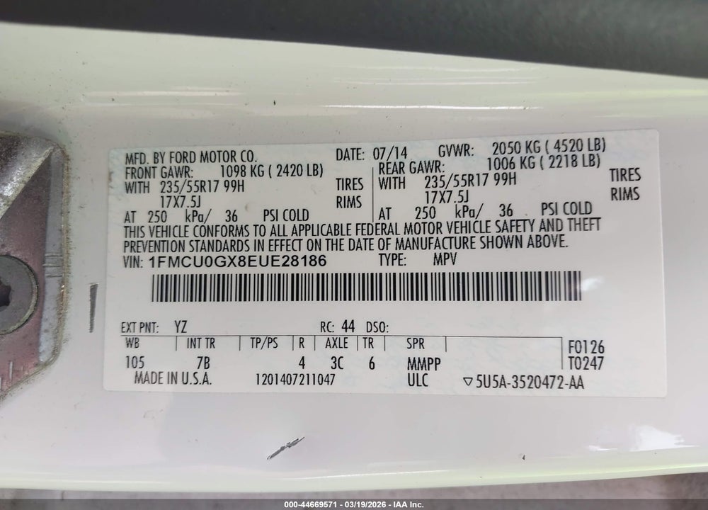 2014 FORD ESCAPE SE VIN: 1FMCU0GX8EUE28186