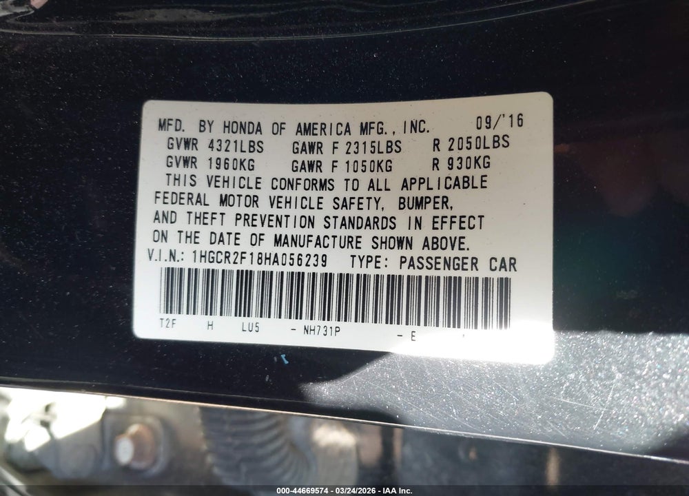 2017 HONDA ACCORD SPORT SE VIN: 1HGCR2F18HA056239