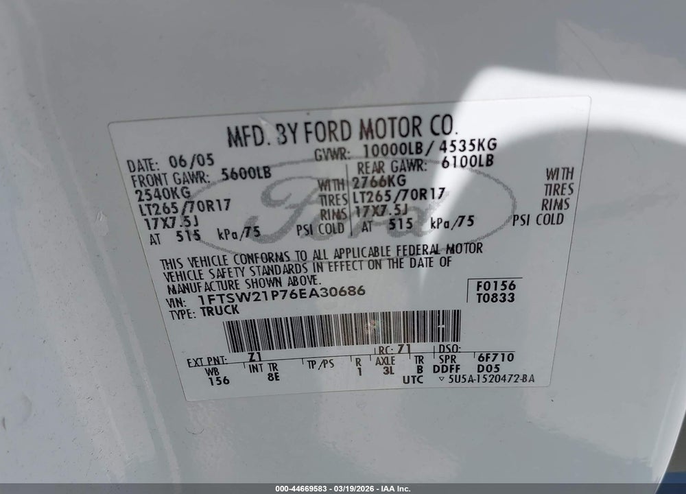 2006 FORD F-250 LARIAT/XL/XLT VIN: 1FTSW21P76EA30686
