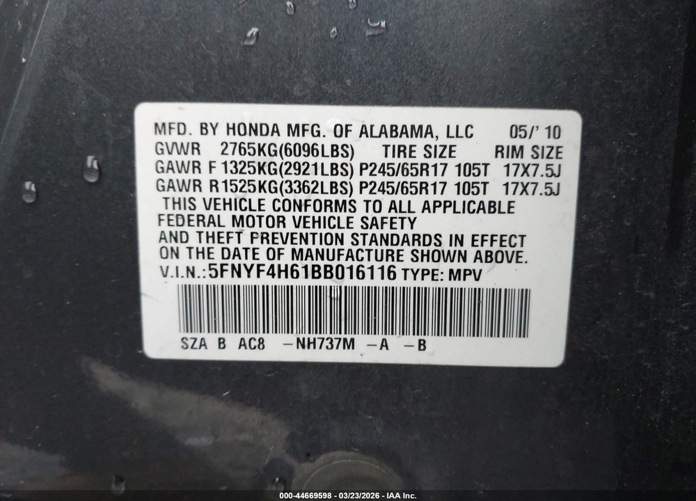 2011 HONDA PILOT EX-L VIN: 5FNYF4H61BB016116