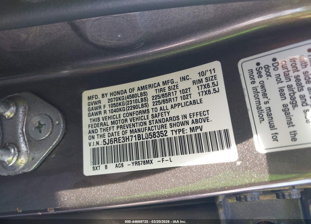 2011 HONDA CR-V EX-L VIN: 5J6RE3H71BL058352