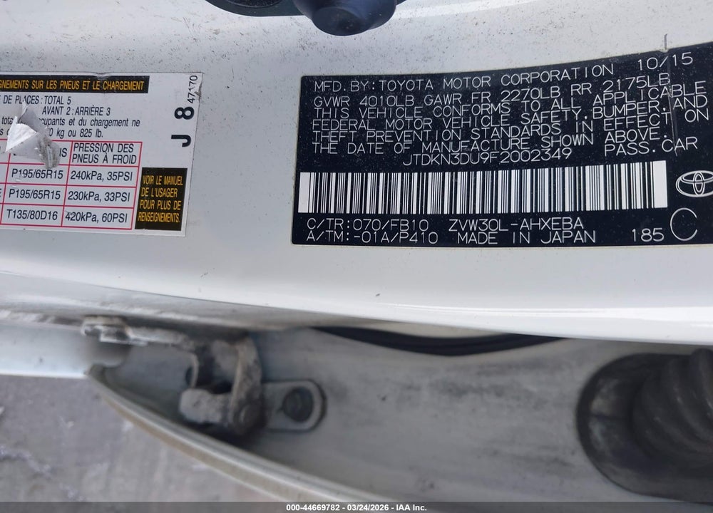 2015 TOYOTA PRIUS TWO VIN: JTDKN3DU9F2002349