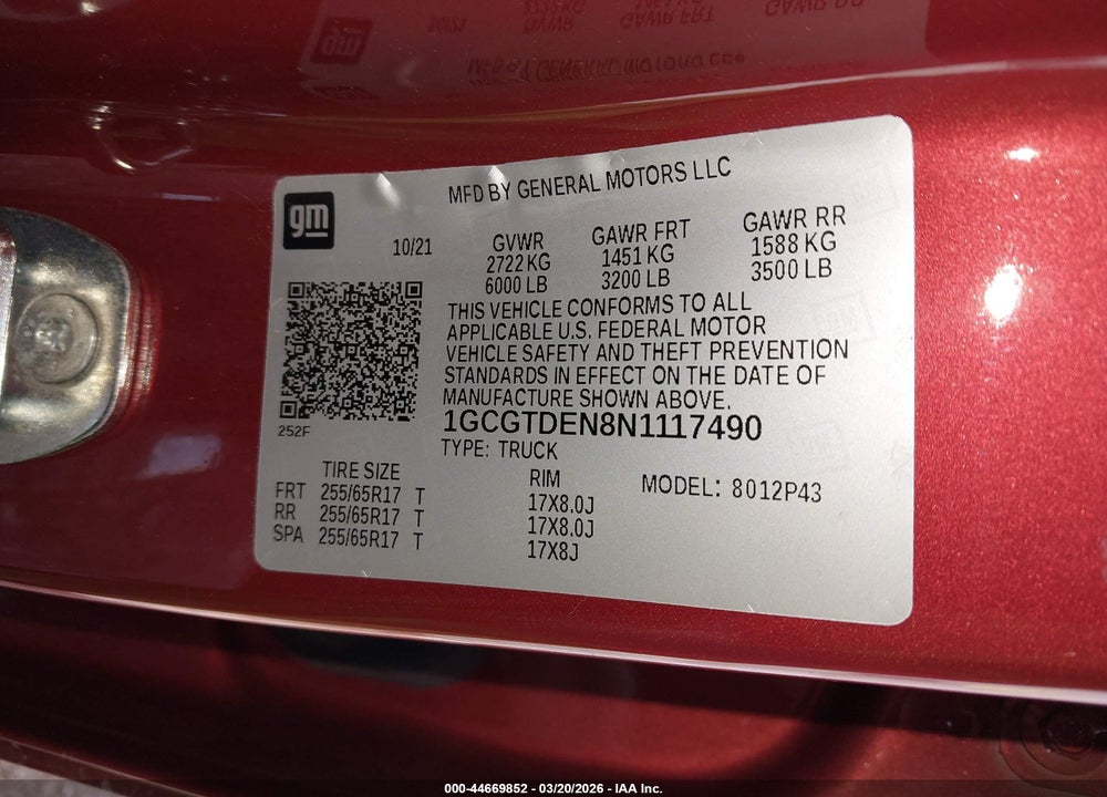 2022 CHEVROLET COLORADO 4WD  SHORT BOX Z71 VIN: 1GCGTDEN8N1117490