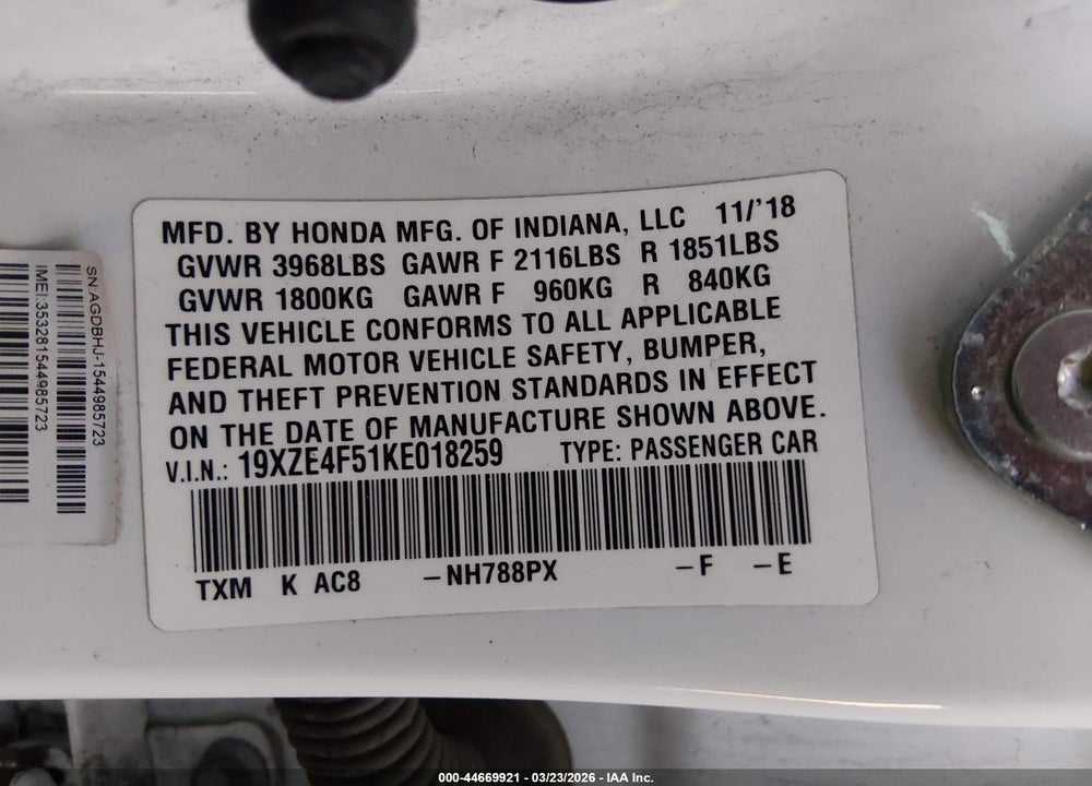 2019 HONDA INSIGHT EX VIN: 19XZE4F51KE018259