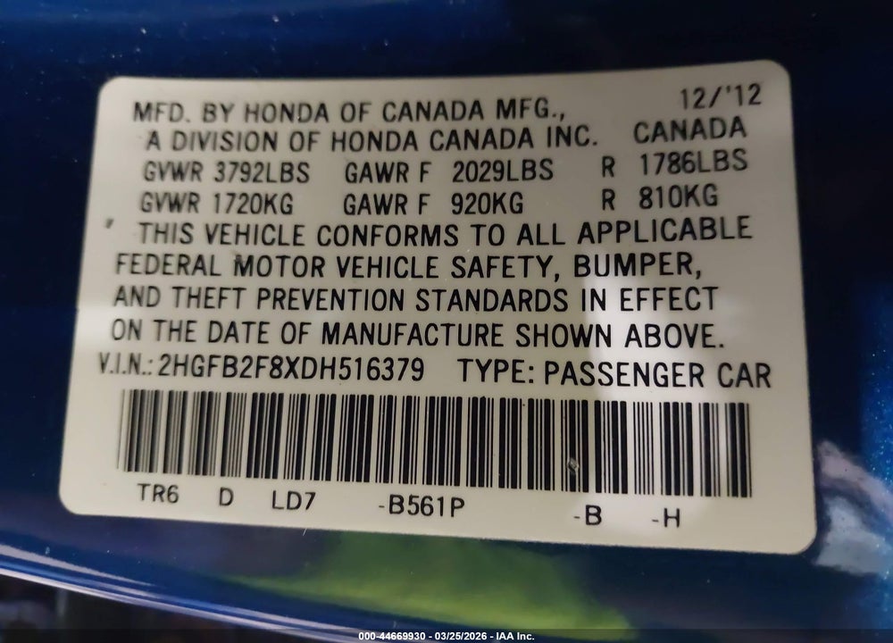 2013 HONDA CIVIC EX VIN: 2HGFB2F8XDH516379