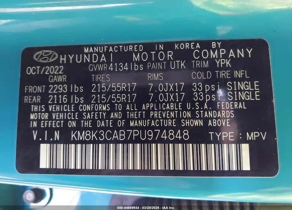 2023 HYUNDAI KONA SEL VIN: KM8K3CAB7PU974848