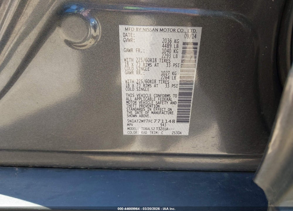 2015 NISSAN ROGUE SL VIN: 5N1AT2MT7FC771148