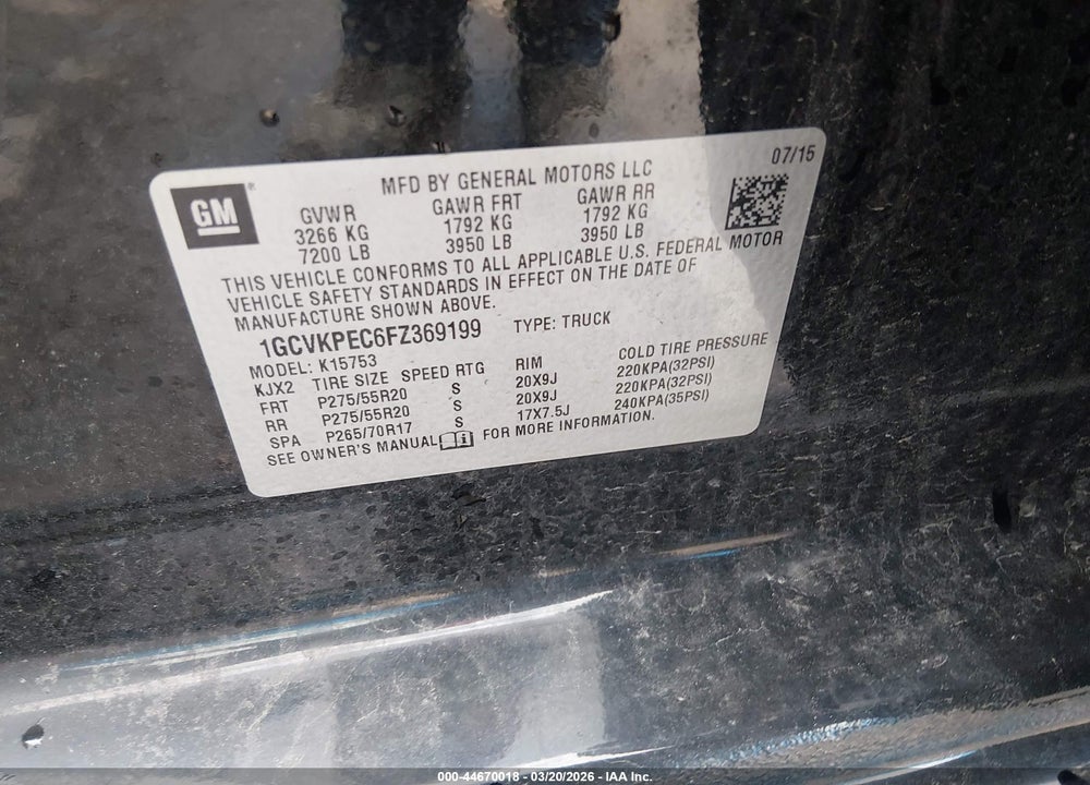 2015 CHEVROLET SILVERADO 1500 WT VIN: 1GCVKPEC6FZ369199