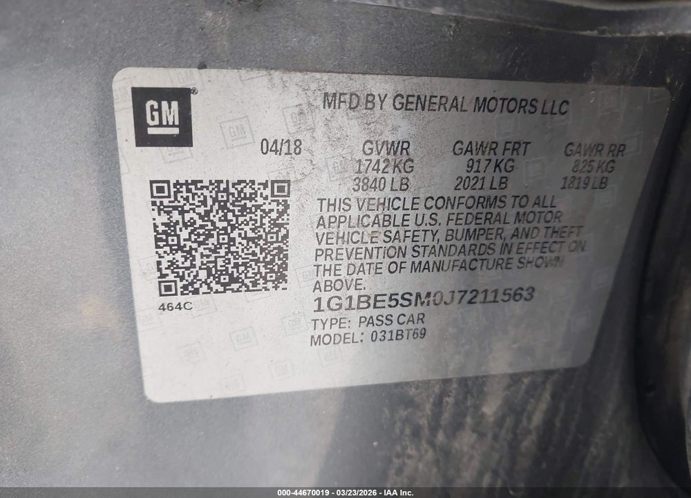 2018 CHEVROLET CRUZE LT AUTO VIN: 1G1BE5SM0J7211563